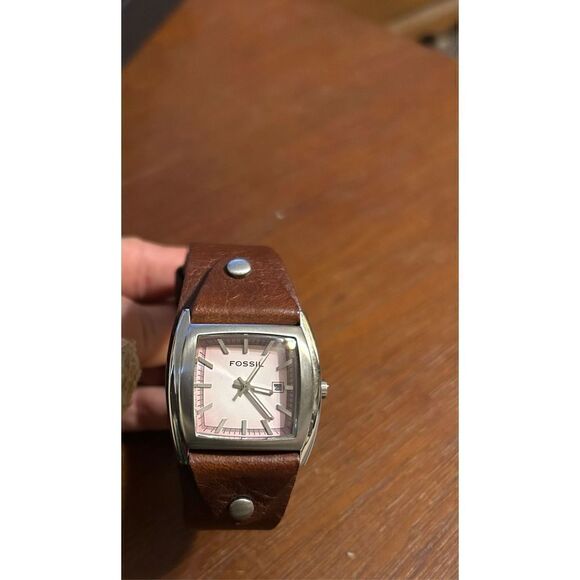 Fossil woman’s JR- 8480 silver cuff brown leather band analog quartz watch - Picture 2 of 7